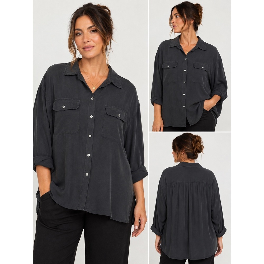 BAACAL Black 100% Silk Button Down Shirt Oversized Utility Blouse Size 4